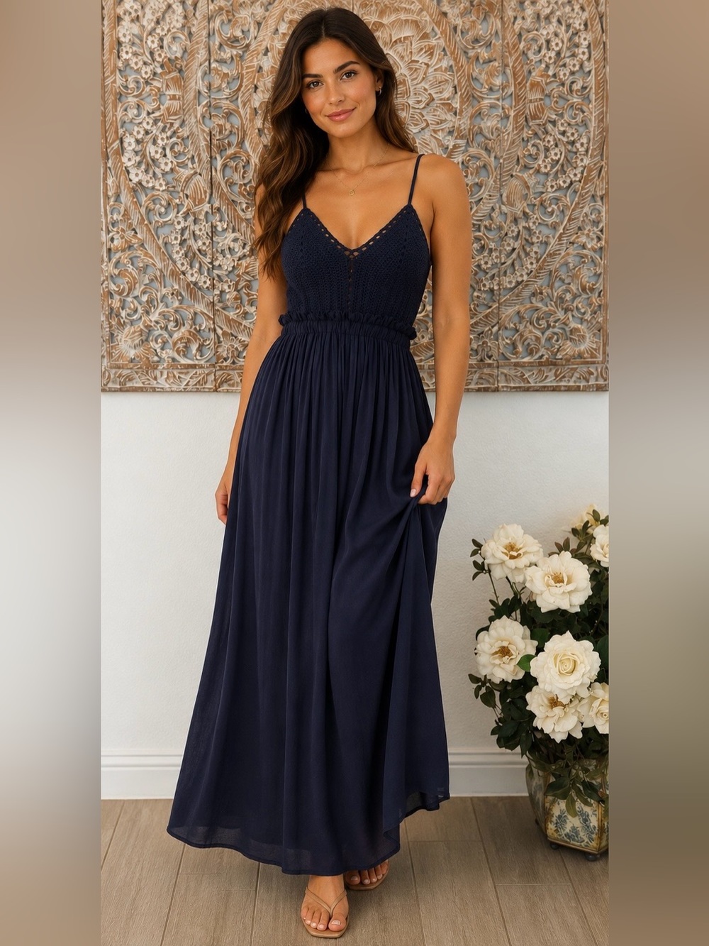 A’GACI Navy Blue Crochet Bodice Romantic Bohemian Maxi Dress w/Open Back